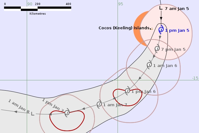 A blue map with grey areas with arrows and numbers signalling a cyclone path