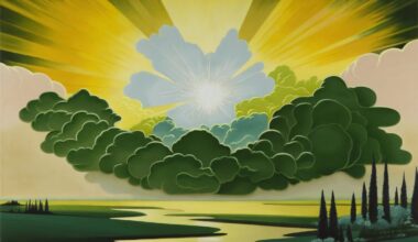 A landscape painting by Gabe Benzur of a riverine scene with the sun behind green clouds