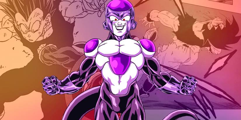 Black Frieza smiling as seen in the manga. Behind him, moments in which he battled the heroes can be seen. 