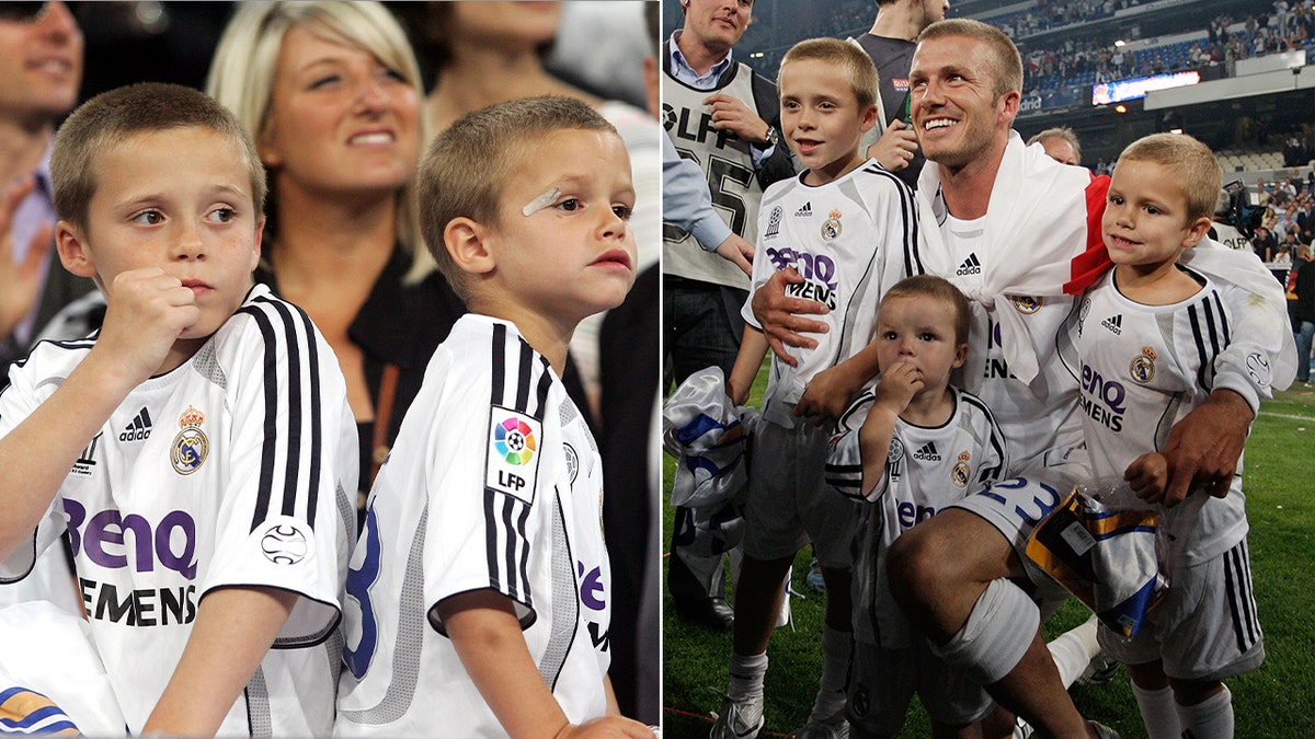 A split of Brooklyn and his brothers at their dad David Beckham's soccer game.