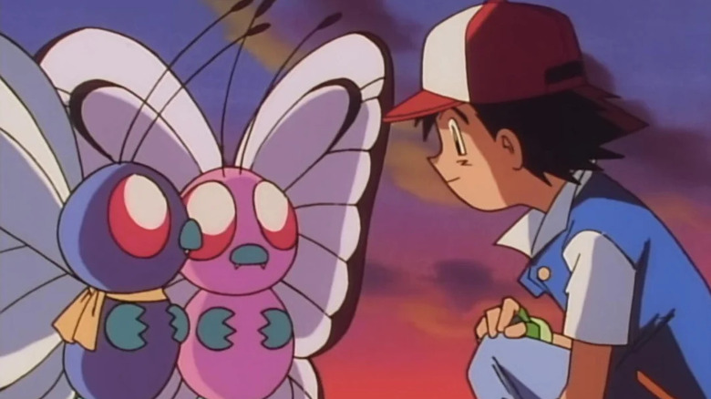 Ash saying goodbye to Butterfree and its pink Butterfree mate in the Pokemon anime