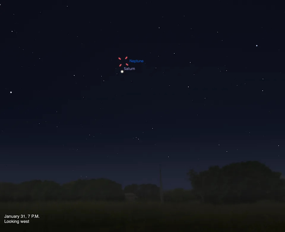 Let Saturn guide you to Neptune (indicated by the red crosshairs) in the early-evening sky at the end of the month. Credit: Stellarium