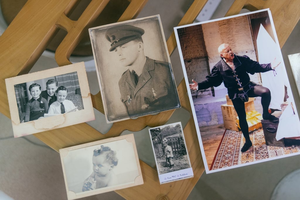 Photos of Neville Sarony from throughout his life include one from 2017 (right), when he played the ghost of John Barrymore in the Hong Kong Players’ production of I Hate Hamlet. Photo: Tracy Wong