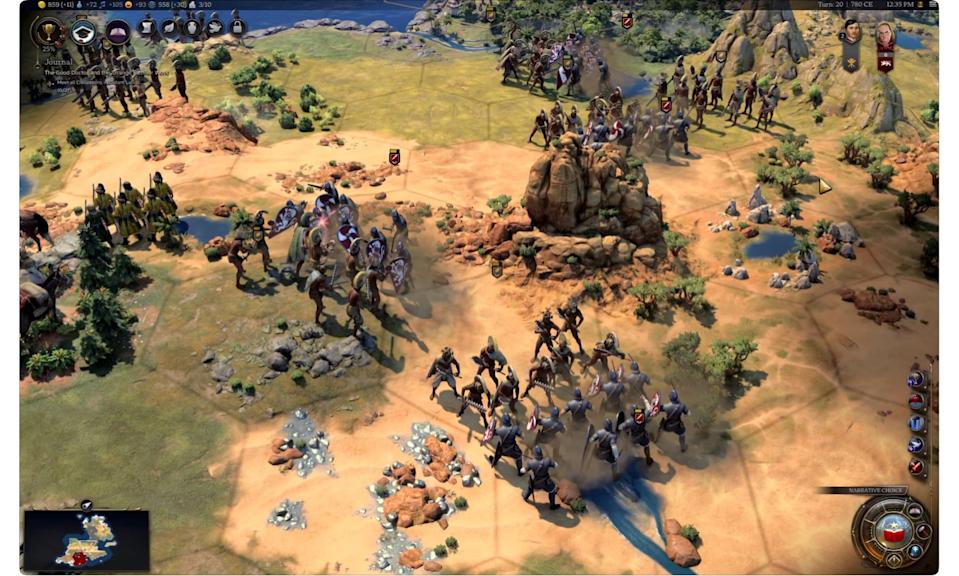 Still from the game Civilization VII. Overhead view of game board, with figures fighting.