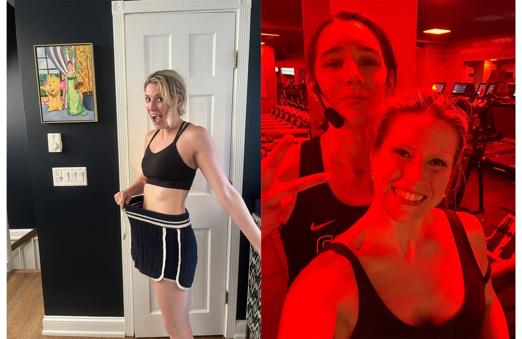 Collage of a woman showing off weight loss and two women at a gym.