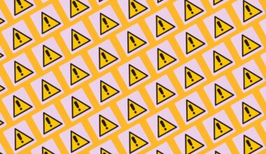 yellow warning symbols with exclamation points on a patterned background