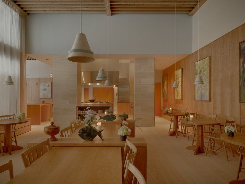 Dining area with timber clad walls 