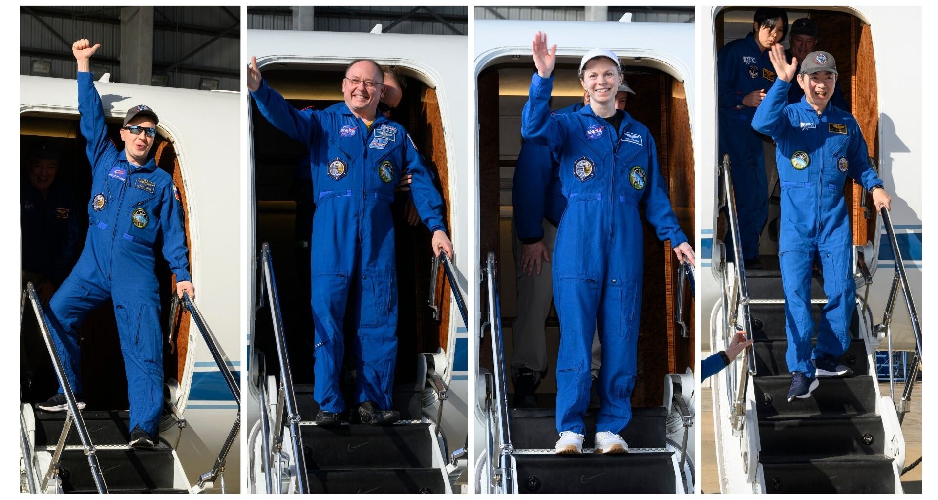 NASA’s SpaceX Crew-11 crew returns to Ellington Field’s Guppy Hangar in Houston on Jan. 16, 2026, from left to right is Roscosmos cosmonaut Oleg Platonov, NASA astronauts Mike Fincke, and Zena Cardman, and JAXA (Japan Aerospace Exploration Agency) astronaut Kimya Yui.