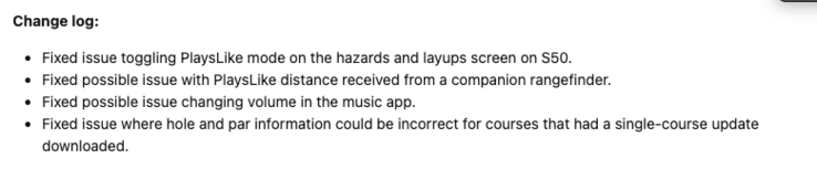 The change log for system software 8.04 for the Garmin Approach S44 and S50 smartwatches. (Image source: screenshot from Garmin forum)