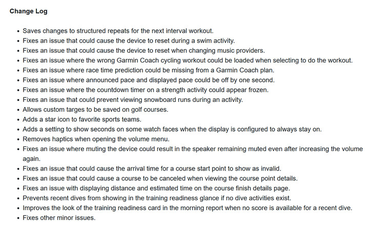 The change log for the beta version 16.14 update for the Garmin Forerunner 570 and Forerunner 970 smartwatches. (Image source: screenshot of Garmin forum)