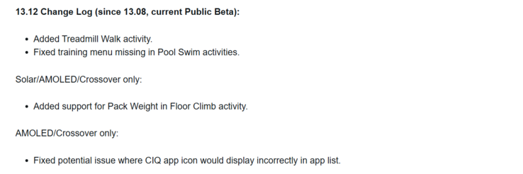 The release notes for the Garmin beta version 13.12 update for the Instinct 3 and related smartwatches (Instinct Crossover pictured). (Image source: Garmin)