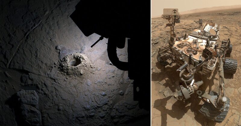 Split image: Left shows a drilled hole in rocky Martian soil; right shows NASA’s Curiosity rover on Mars' surface, equipped with scientific instruments and cameras, with a dusty, rocky landscape in the background.