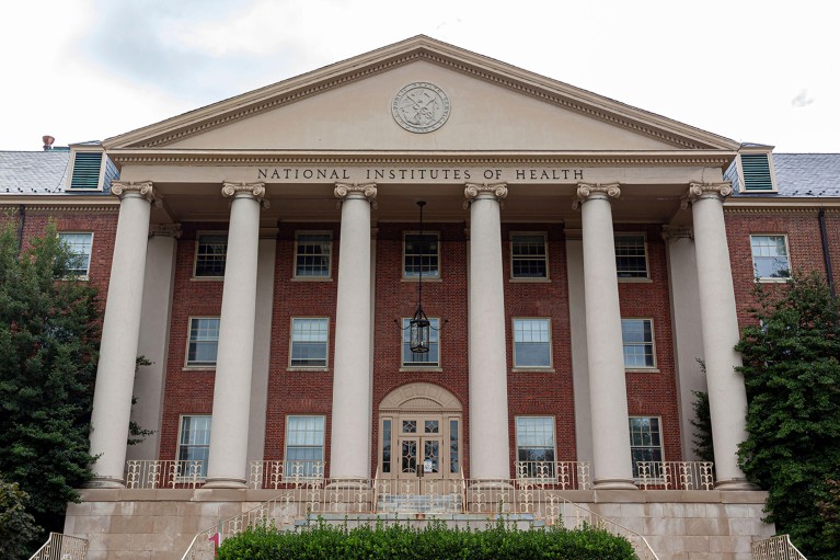 Exterior front view of the main historical building of the National Institutes of Health (NIH) in the U.S.