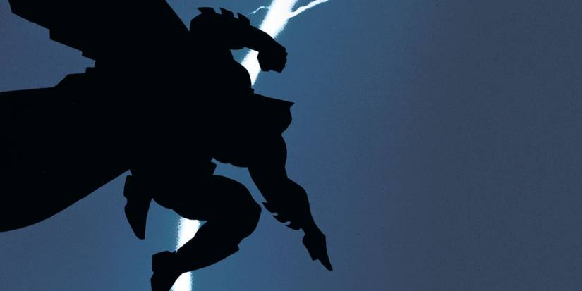 Comic book art: Iconic "Dark Knight Returns" art featuring Batman's silhouette leaping as lightning strikes.