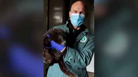 Durrell Nic is wearing a green jumpsuit and light blue mask. He is holding a brown beaver.