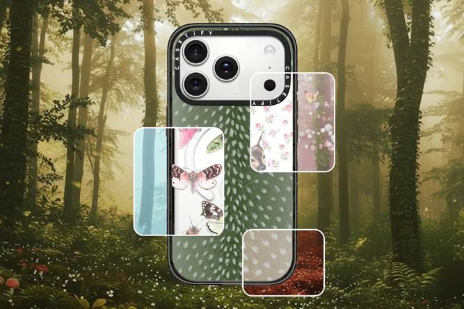 A CASETiFY wilderkind-inspired phone case over an image of a forest illustrating the wilderkind trend in art and fashion