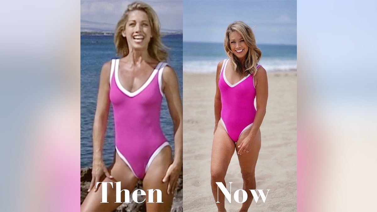 A side-by-side before and after of Denise Austin wearing her pink and white swimsuit.