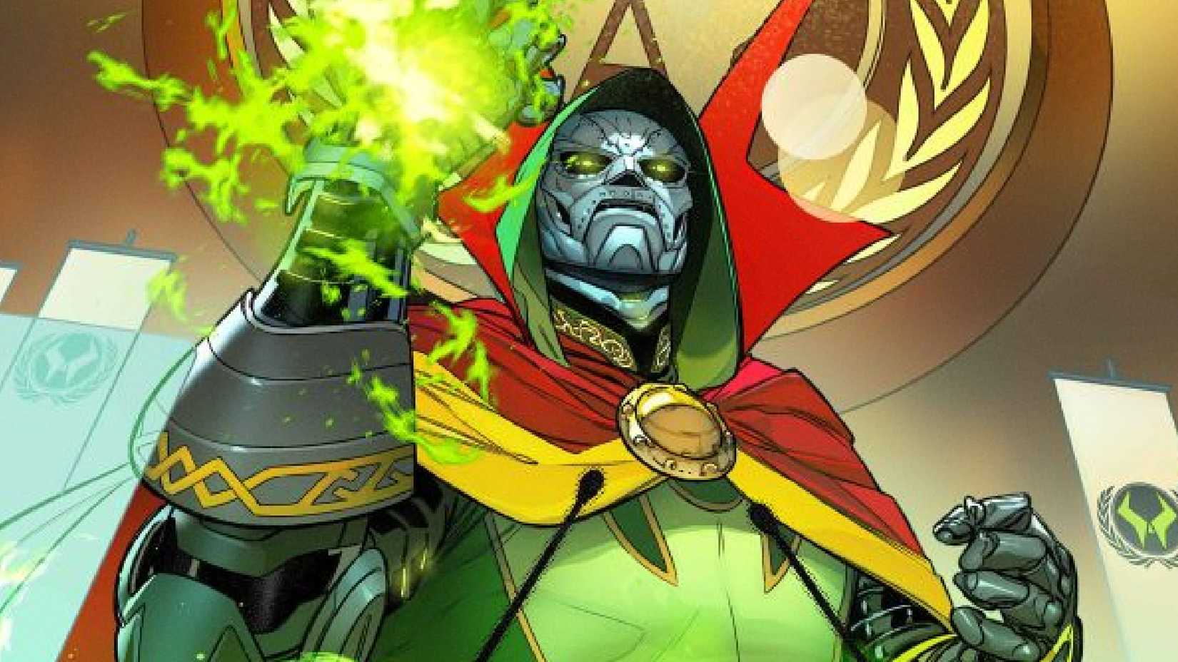 Doctor Doom casts a magic spell wearing the Cloak of Levitation in One World Under Doom