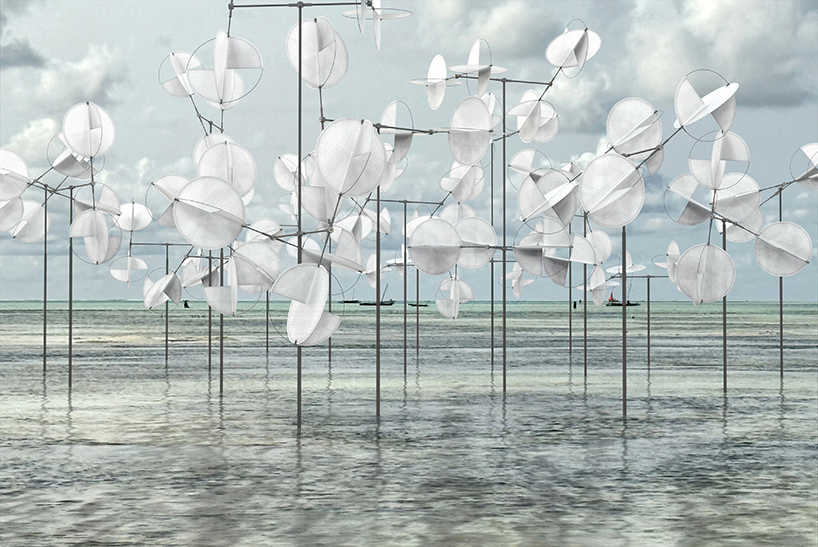 dancing installation by vincent leroy mirrors movements of wind on zanzibar’s shoreline
