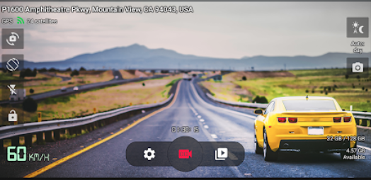 droid-dashcam-1A screenshot of the Droid dashcam app for Android. In view is a yellow Chevy Camaro and he road ahead