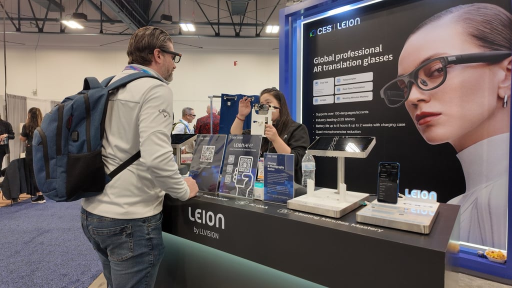 LLVision’s Leion Hey2 augmented reality translation smart glasses on display at the CES trade show. Photo: Wency Chen