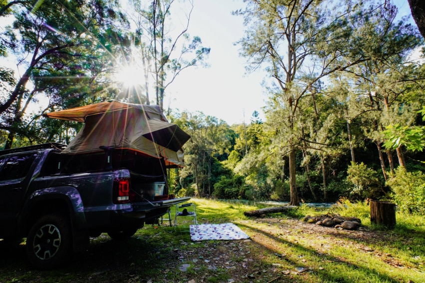 tent on 4WD in bush