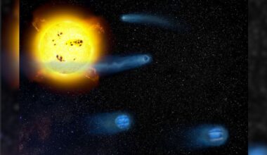 A series of small blue planets swirl around a golden sun in the top left corner in deep space