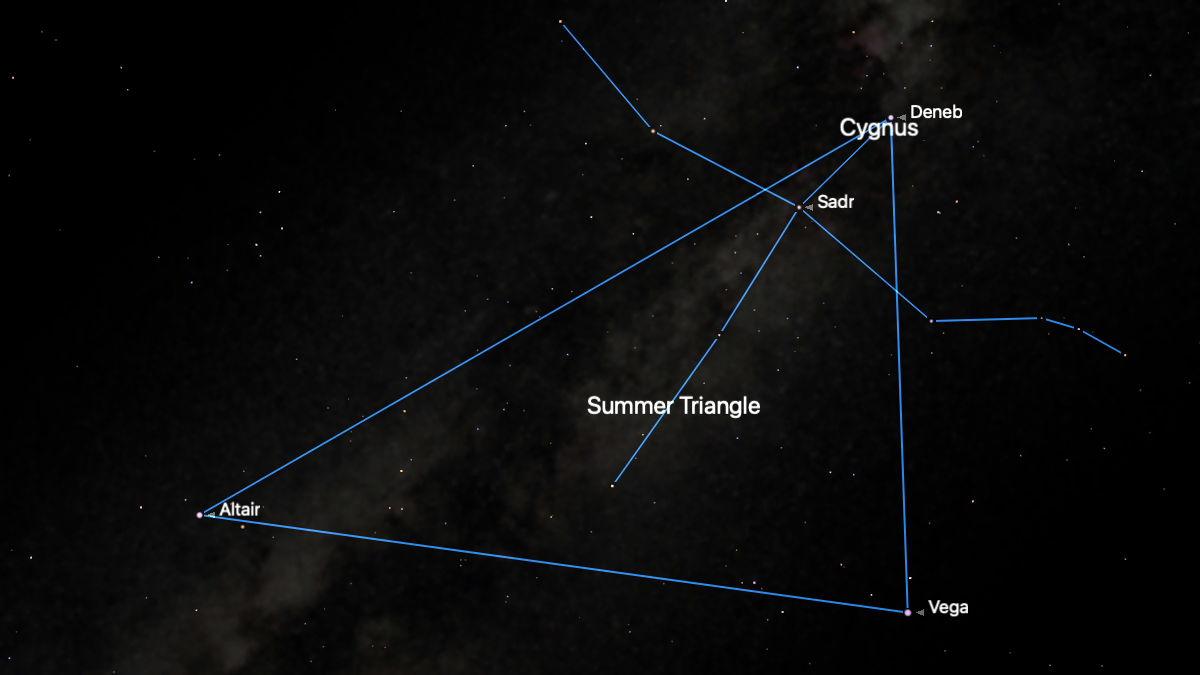 A simulation of the night sky for Oct. 20 showing the stars of the Summer Triangle asterism joined by a blue line with the glowing band of the Milky Way running through it. The stars of the constellation Cygnuss also intersect the uper section of the Summer Triangle, forming a cross shape joined by a blue line.