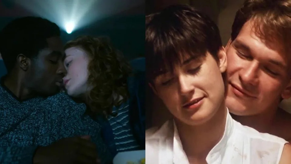 (Left) Max and Lucas in the Stranger Things finale (Right) Demi Moore and Patrick Swayze in the 1990 film Ghost.