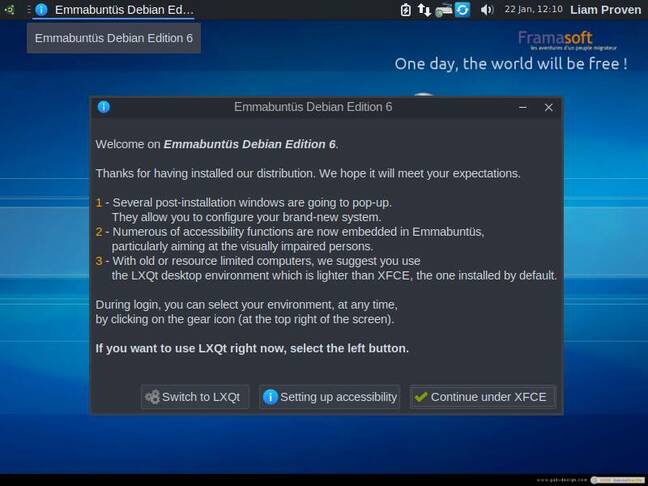 Emmabuntüs defaults to Xfce 4.20 but post-install you can opt for LXQt if you prefer The first of many post-install questions in Emmabuntus: which desktop, Xfce or LXQt