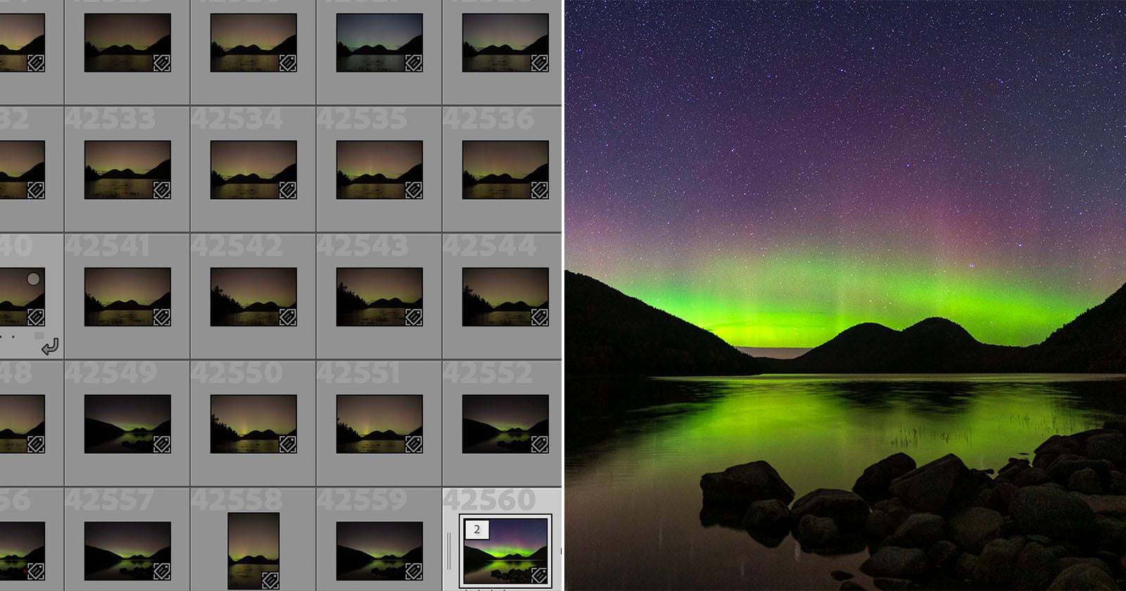 A photo editing interface shows a grid of image thumbnails on the left and a large photo of a glowing green and purple aurora over a calm lake and hills under a starry sky on the right.