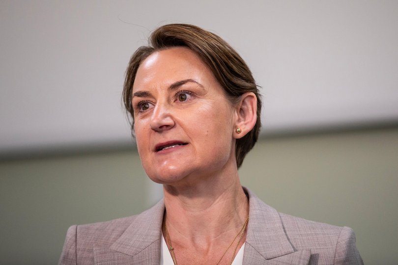 Premier Roger Cook, Energy and Decarbonisation Minister Amber-Jade Sanderson and local member Jodie Hanns speak to the media in Collie this morning. Picture: Michael Wilson