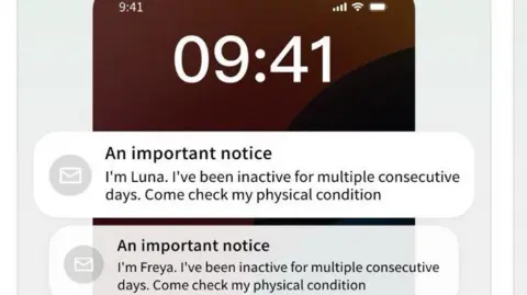 Screenshot/Moonshot Technologies A phone screen with the words: An Important Notice. I'm Luna. I've been active for multiple consecutive days. Come check my physical condition