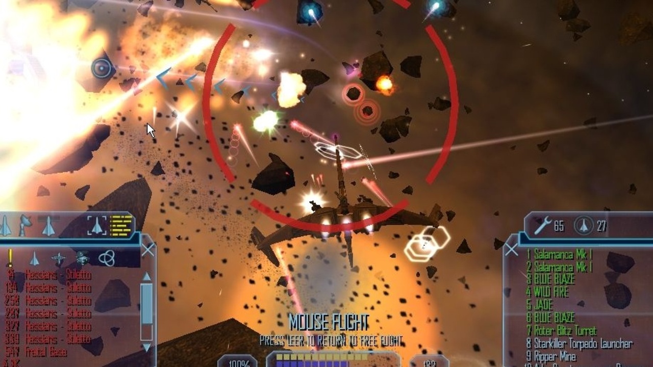 Screenshot from the video game Freelancer showing a space battle in an asteroid field.