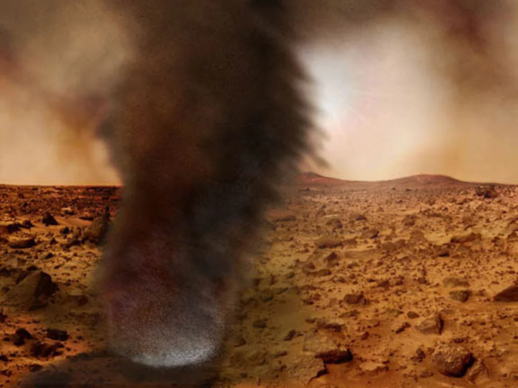 An illustration of a dark cloud crossing a desert.