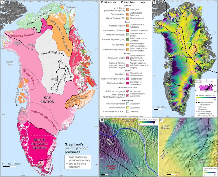 Map of Greenland's major geologic provinces with their rock types.