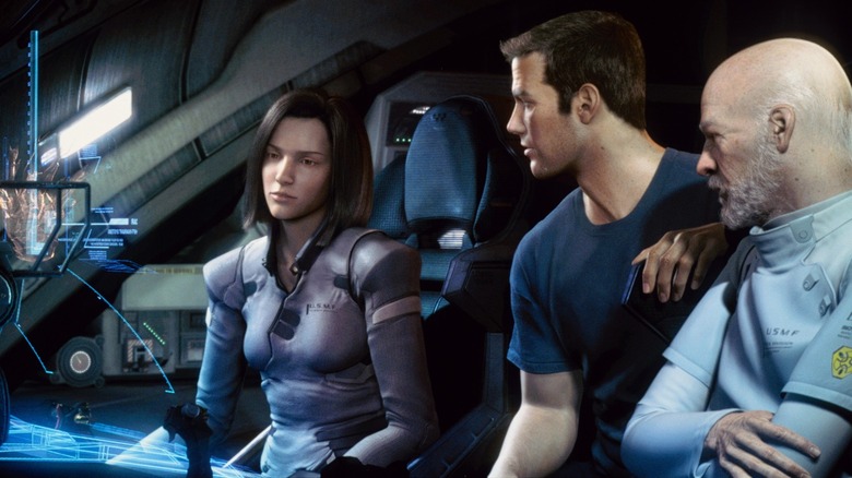 Dr. Aki Ross getting peppered with questions by her cohorts in Final Fantasy: The Spirits Within (2001)