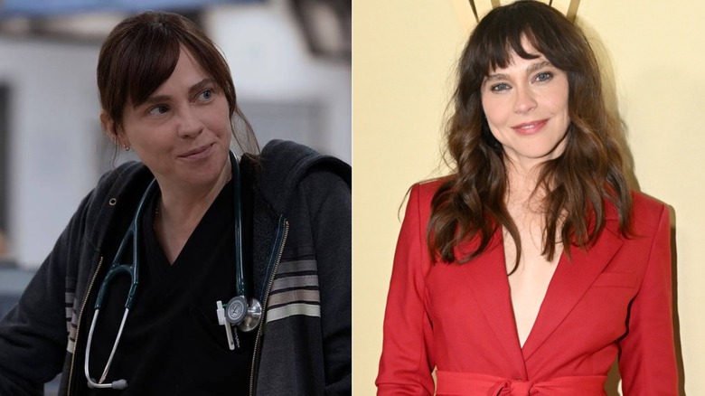 Cassie smirking on The Pitt and Fiona Dourif smiling in a red suit