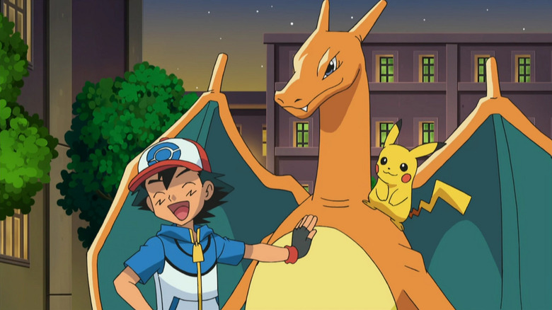 Ash smiling and patting Charizard's stomach as Pikachu sits on its shoulder in the Pokemon anime