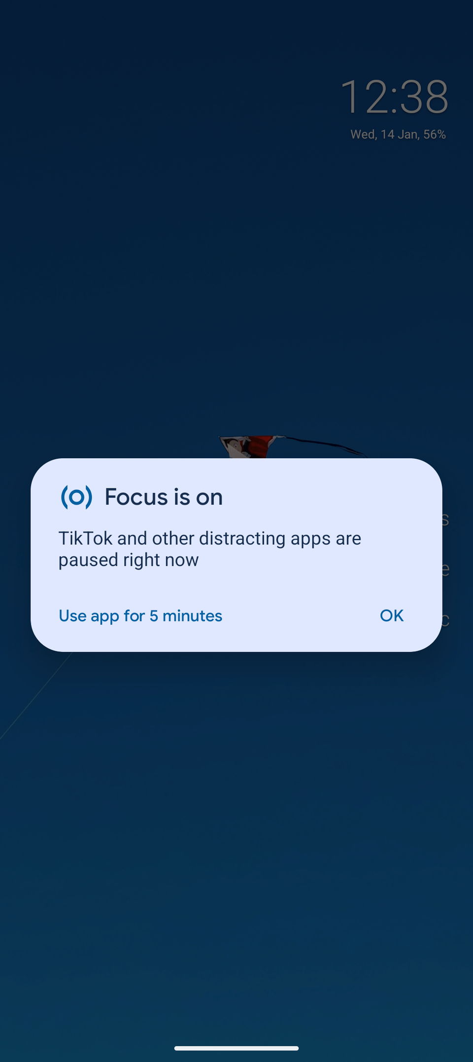 A screenshot showing a notification from Focus, saying that TikTok is paused