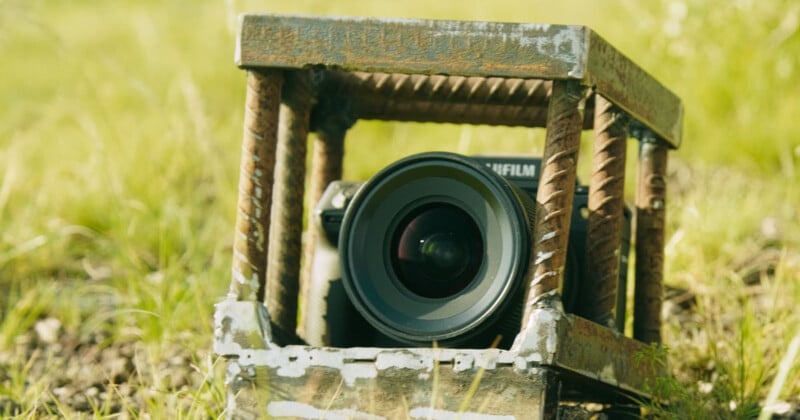 A camera inside a metal frame or cage sits on the grass outdoors, with green plants and sunlight in the background.