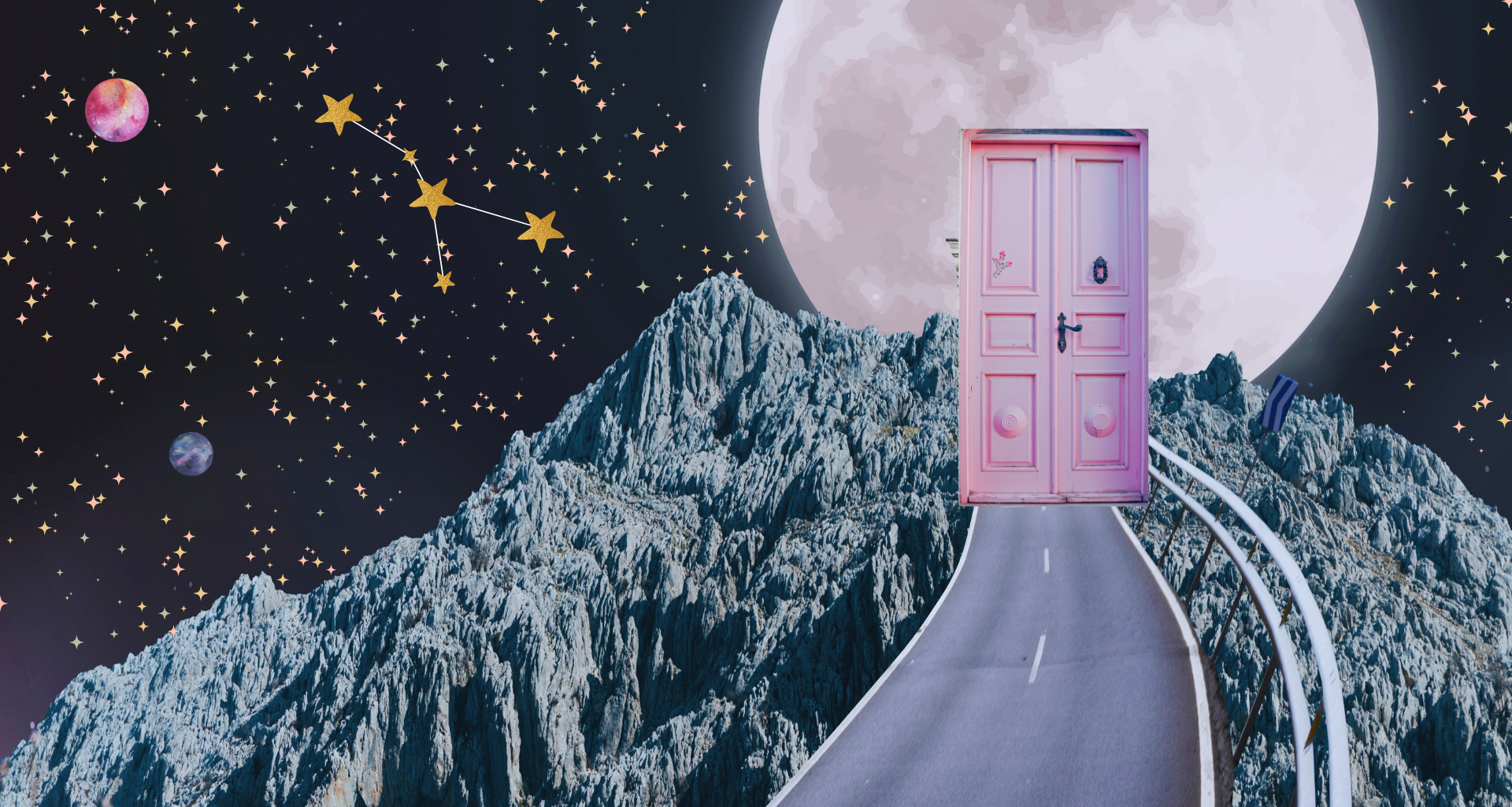 Background of stars with a front door leading to a full Moon in Cancer January 2026