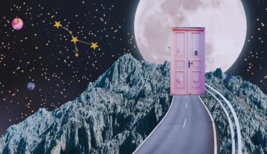 Background of stars with a front door leading to a full Moon in Cancer January 2026