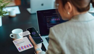 A photo of a woman using her phone and laptop at a table, with AI icons and spreadsheets on both.