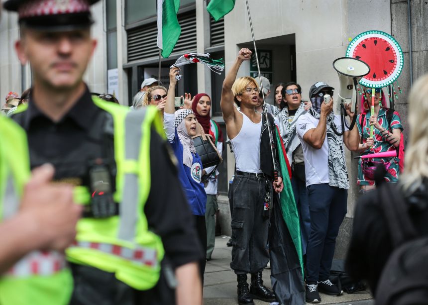 Pro-Palestinian protesters chant in support of the so-called Filton 24 outside London's Central Criminal Court last year.