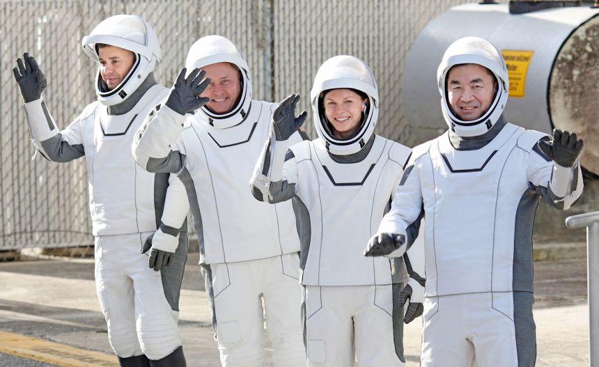 The Crew-11 mission team includes (from left) Roscosmos cosmonaut Oleg Platonov, NASA's Mike Fincke and Zena Cardman, and JAXA astronaut Kimiya Yui. They're seen before their departure from Florida on August 1.