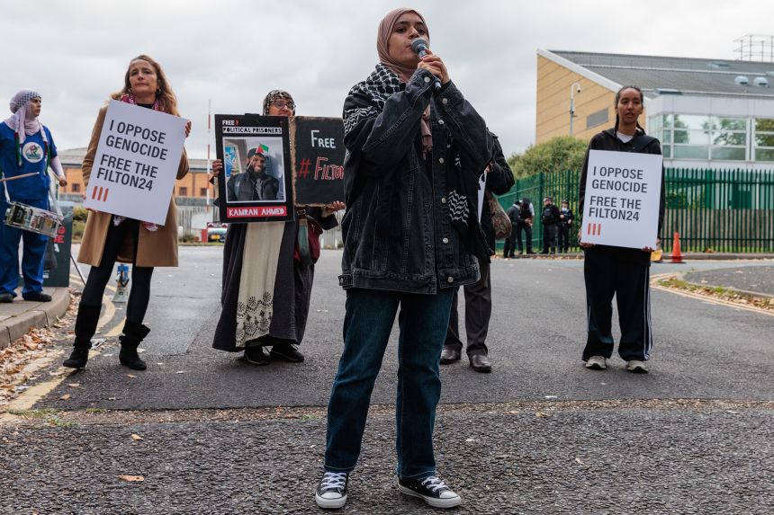 People demonstrate in support of imprisoned Palestine-Action linked activists outside Woolwich Crown Court during a bail hearing for members of the so-called Filton 24 last October.