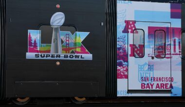 An image of the Super Bowl LX logo on a train in San Francisco