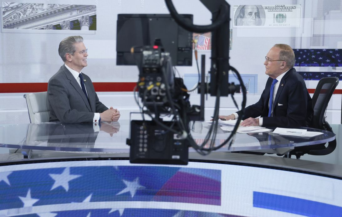 FOX Business anchor Larry Kudlow interviews Treasury Secretary Scott Bessent during 