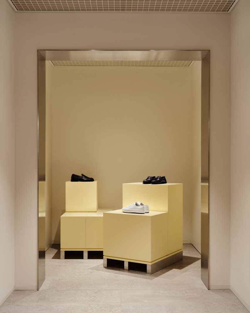 Pale yellow footwear displays